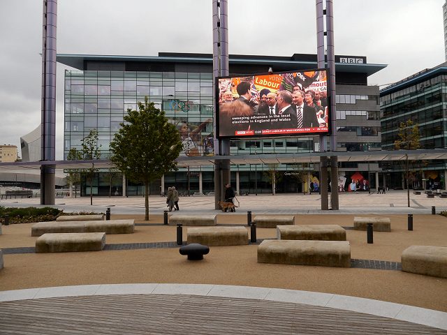 MediaCityUK - aerial view over the plaza