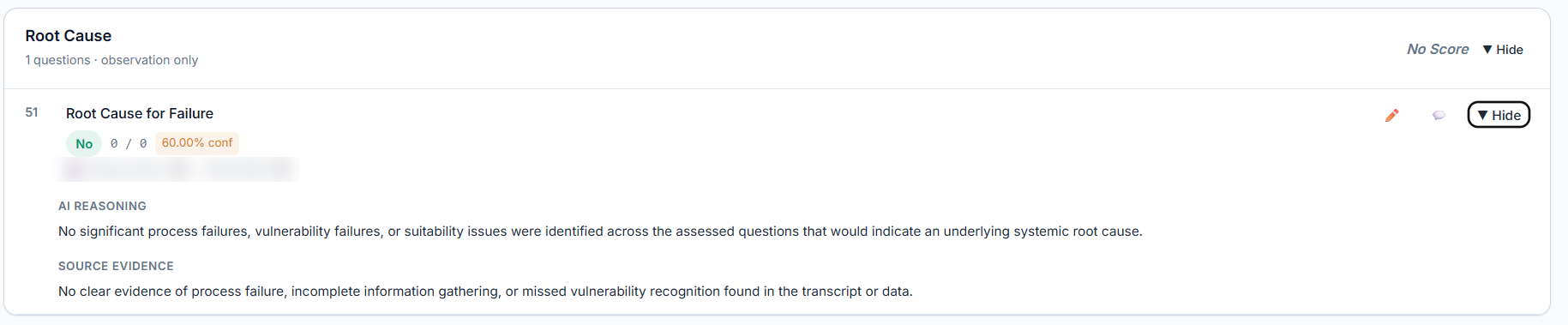 Better Outcomes root-cause assessment listing the systemic issue identified, its confidence level, AI reasoning and source evidence